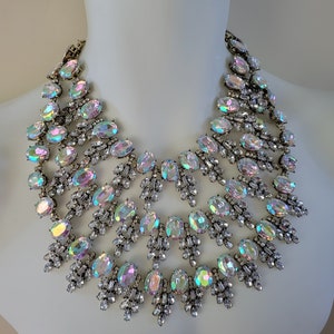 AB and Clear Crystal Empress Diamond Rhinestone 3 strand Bib Royal Statement Necklace Costume Jewelry