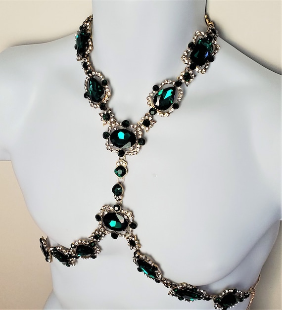 Emerald Green Crystal Rhinestone Body Harness Neck