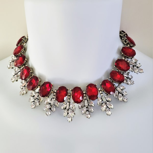 Ruby Red and Clear Duchess Crystal Diamond Rhinestone Bib Royal Statement Necklace Costume Jewelry