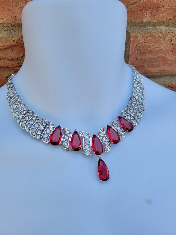Crystal Ruby Red Necklace Teardrop rain drop Dang… - image 3