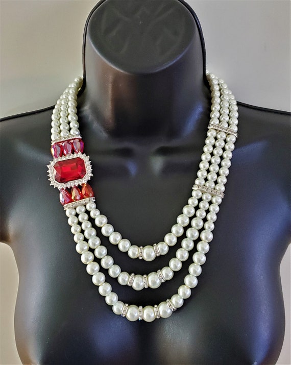 3 Strand Pearl and Ruby Crystal Side Necklace Cost