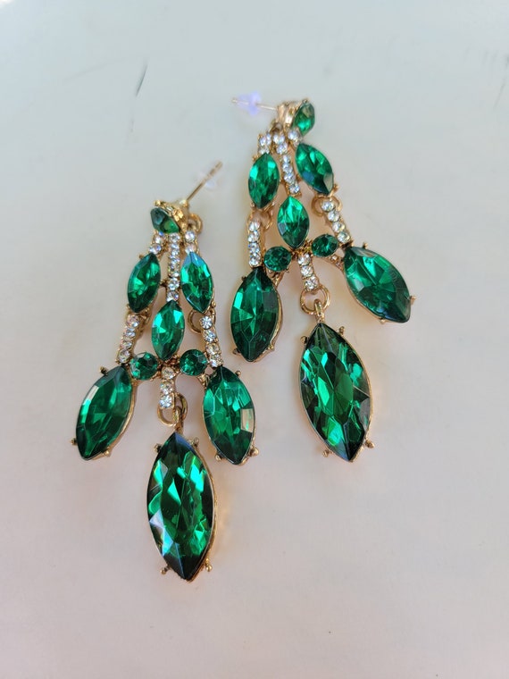 Emerald Green Earrings Rhinestone Chandelier - image 4
