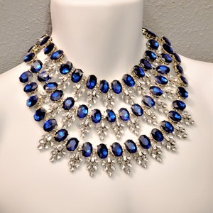Blue Sapphire and Clear Empress Crystal Diamond Rhinestone 3 Strand Bib ...