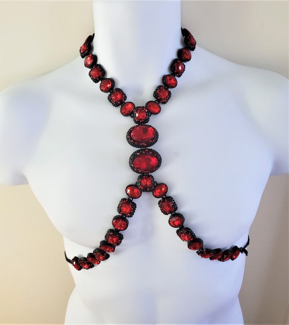 Red Crystal Rhinestone Body Harness Necklace Costu