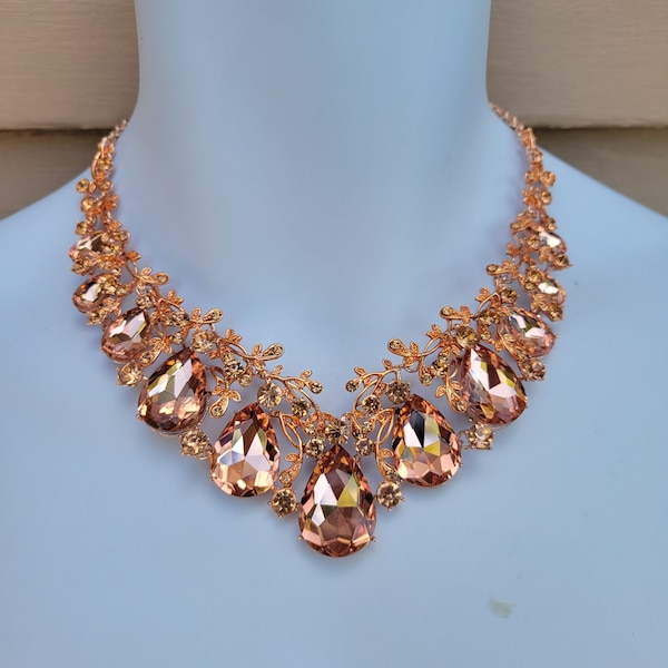 Peach Rose Gold Plumeria vine Rhinestone Bib Royal Statement Necklace Costume Jewelry