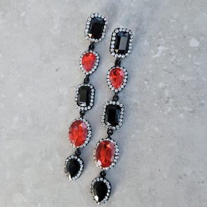 Ruby Crystal Long Chandelier Black and Ruby Red earrings