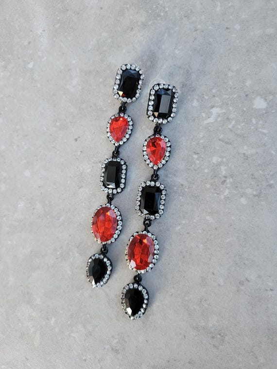 Ruby Crystal Long Chandelier Black and Ruby Red e… - image 1