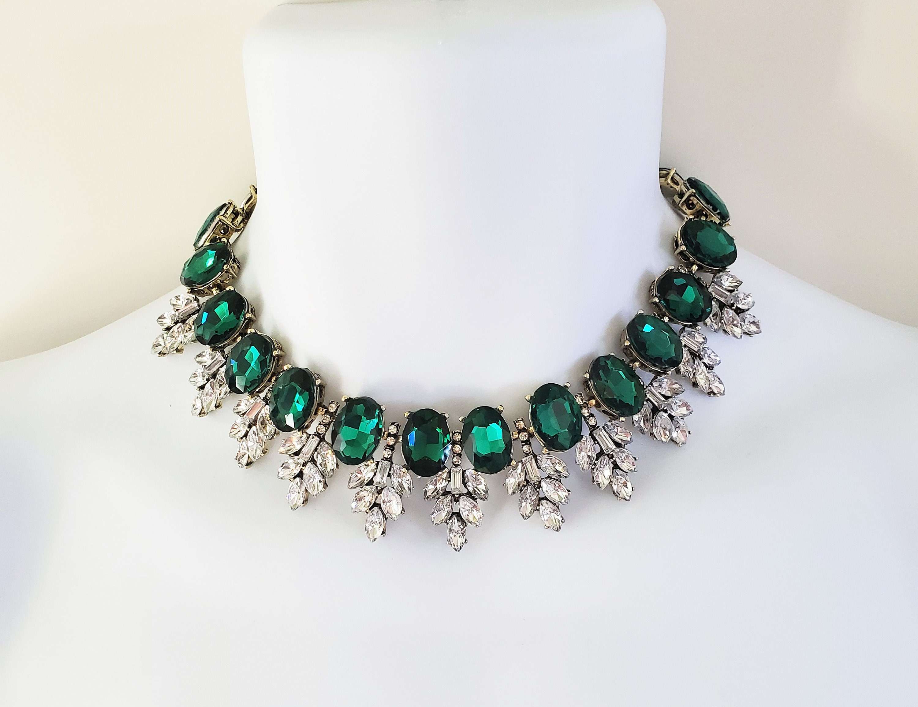 Emerald Statement Necklace Set, Emerald Crystal Large Necklace, Emerald  Rhinestone Pageant Necklace - Etsy