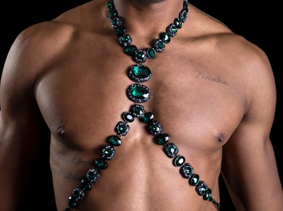 Green Crystal Rhinestone Body Harness Necklace Co… - image 1