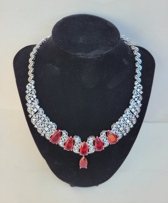 Crystal Ruby Red Necklace Teardrop rain drop Dang… - image 8