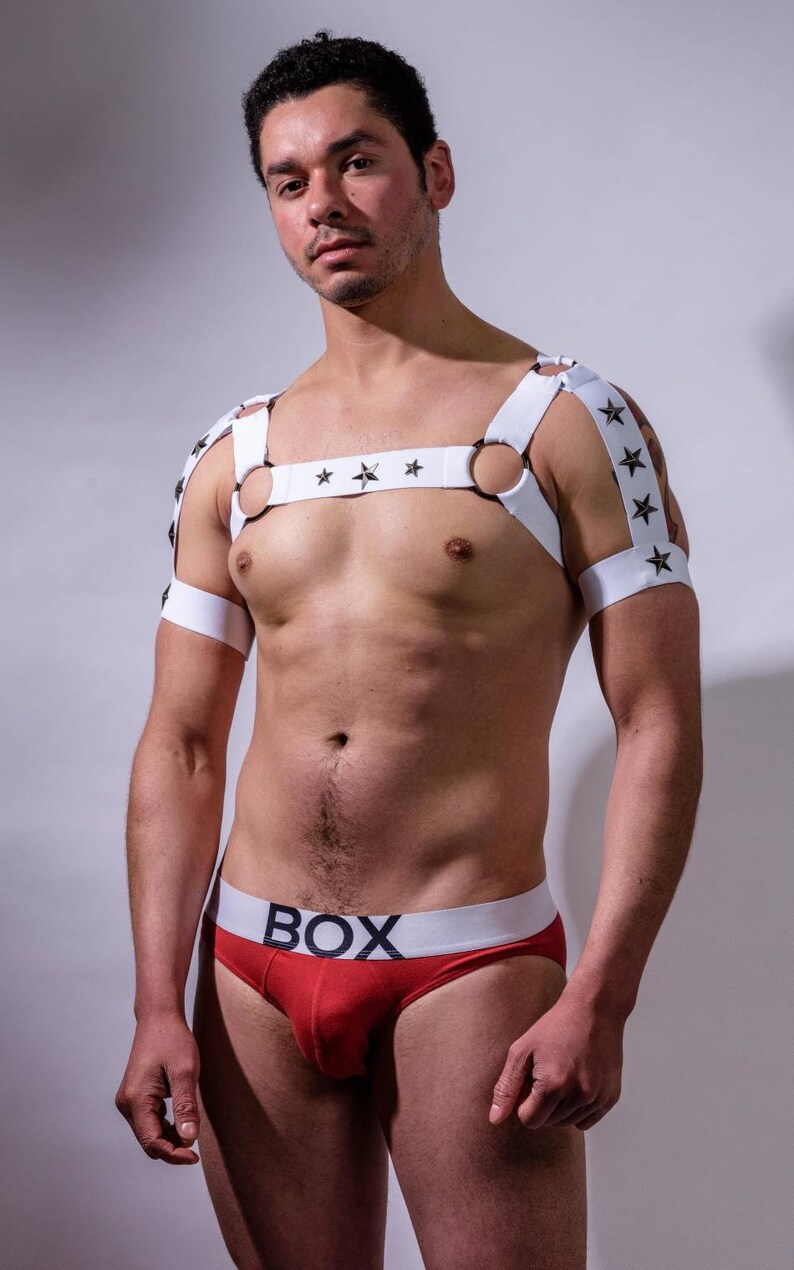Men/'s White Elastic Chest Harness with built in Arm Band Strap Burlesque Costume