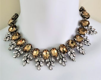 Champagne and Clear Duchess Crystal Diamond Rhinestone Bib Royal Statement Necklace Costume Jewelry