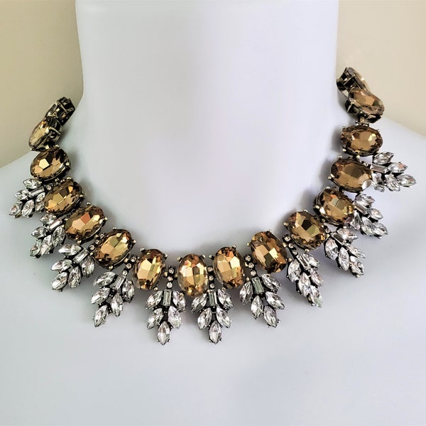 Champagne and Clear Duchess Crystal Diamond Rhinestone Bib Royal Statement Necklace Costume Jewelry