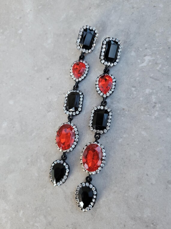 Ruby Crystal Long Chandelier Black and Ruby Red e… - image 3