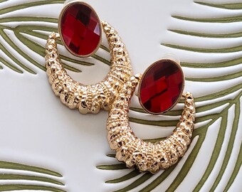 Ruby Red Crystal Dangle Drop Door Knocker Textured Earrings