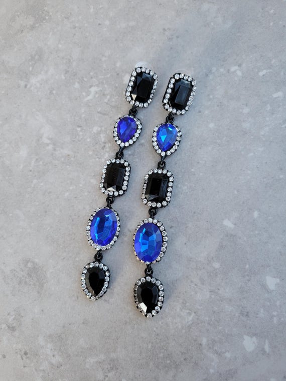 Sapphire Crystal Long Chandelier Black and Blue e… - image 1