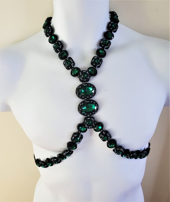 Green Crystal Rhinestone Body Harness Necklace Cos