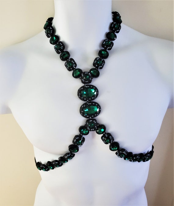 Green Crystal Rhinestone Body Harness Necklace Co… - image 3