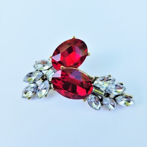 May include: A pair of earrings with a red oval-shaped gemstone and clear crystal accents.