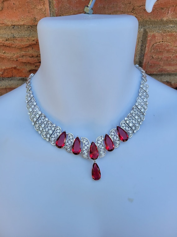 Crystal Ruby Red Necklace Teardrop rain drop Dang… - image 1