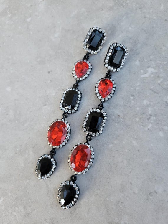 Ruby Crystal Long Chandelier Black and Ruby Red e… - image 2