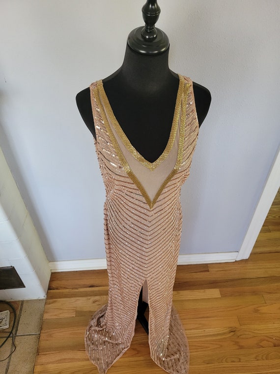 80s Dress Vintage Beaded Beaded Sequin Nude - image 5
