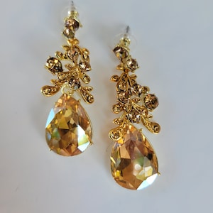 Champaign Gold Plumeria Earrings Crystal Rhinestone Royal Statement