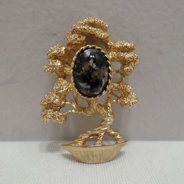 Vintage Brooch or Pin gold tone metal bonsai tree with a black stone by Amway costume jewelry