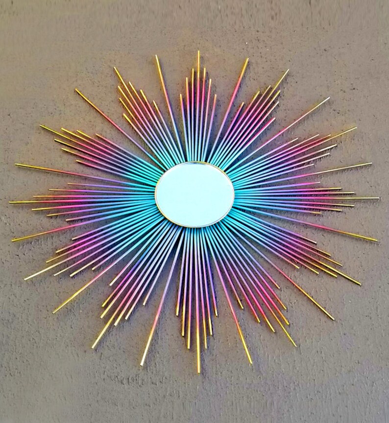 Sunburst Mirror Wall Decor Art Hanging Rainbow Handmade Custom Painted Wood Prisms