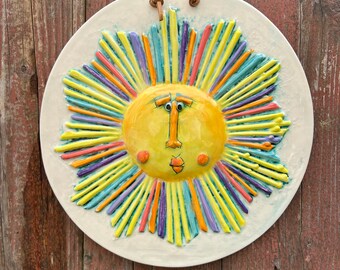 Handmade happy sun face tile for home or garden,  ceramic yard art, backyard plaque, sun collection, colorful pottery,garden pride