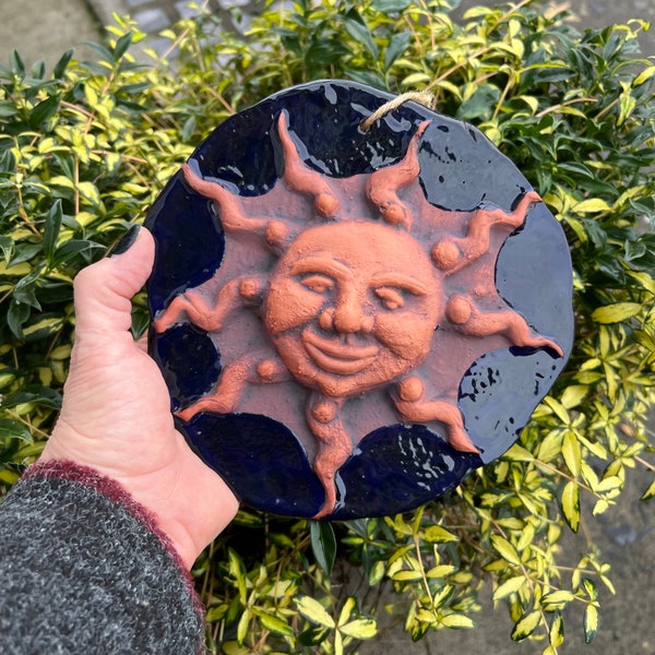 Terra Cotta Cobalt Sun Face, Handmade Ceramic Wall Hanging, Home and Garden Decor