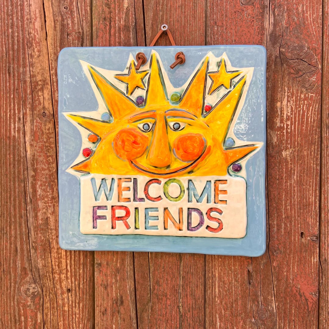 Handmade Ceramic Welcome Sign, Sun Face Tile, Porch Decor, Garden ...