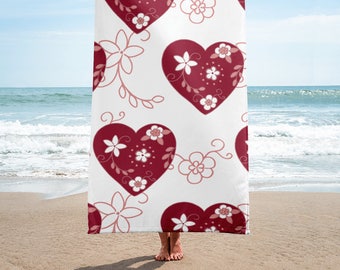 Love Heart Print Beach Towel, Printed Bath Towel, Valentines day gift for her