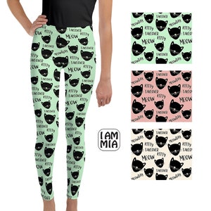 Cat leggings, Black Cat tights for girls, Cats Youth Leggings, Sizes 8-20