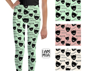 Girls Black Cat Print Leggings, Youth Sizes 8-20
