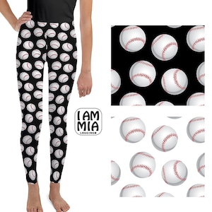 Baseball Print Girls leggings, Youth Leggings, Black or White option, Baseball Lover Gift, Size 8 - 20 years