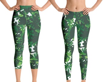 Green Tropical leaf Print Yoga Leggings, Jungle print running leggings, Many sizes and styles