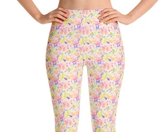 Floral Print Workout Leggings, Yoga Leggings, Flower tights, Aquarelle Flower printed leggings, Summer pants, Many sizes