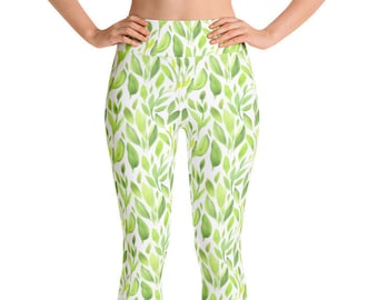 Green Leaf Print Yoga Leggings, High Waist Capri Leggings, Fitness tights, Yoga Pants Women