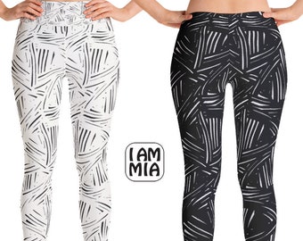 Abstract Yoga Leggings, Black and white Workout leggings, Yoga Pants, Many sizes