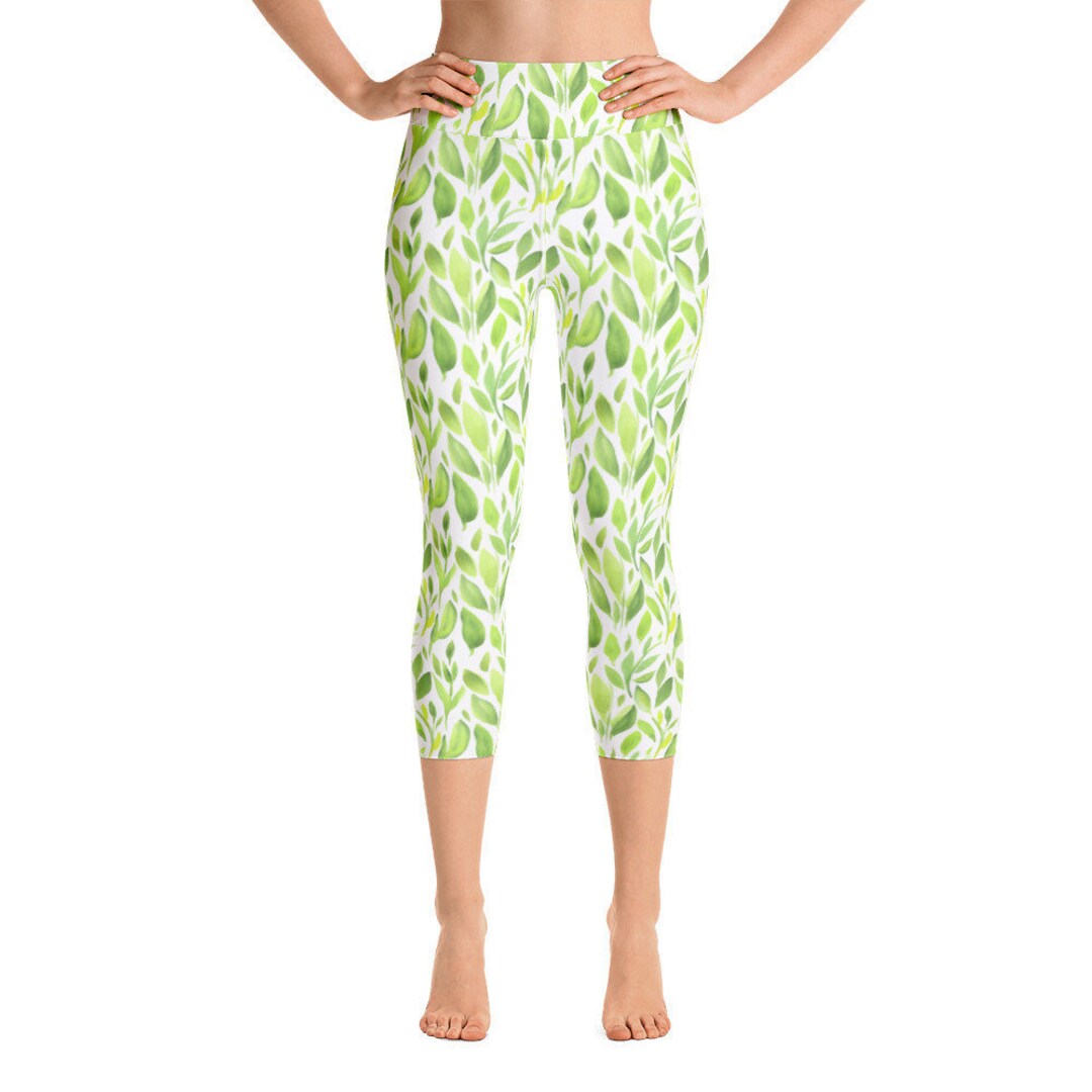 Green Leaf Print Yoga Leggings High Waist Capri Leggings - Etsy