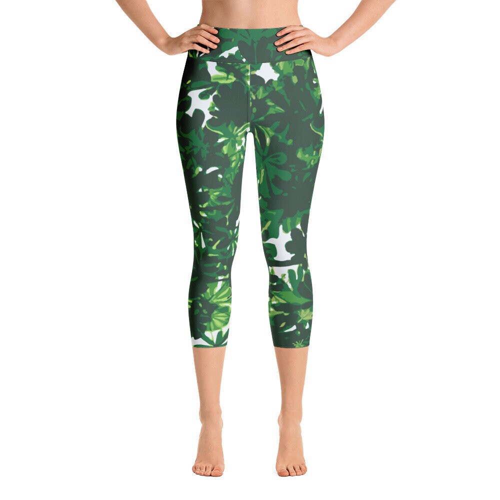 Green Tropical Leaf Print Yoga Leggings Jungle Print Running - Etsy