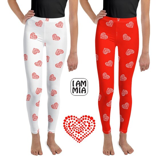 Girls Heart Leggings in Red or White, Youth Leggings, Teen