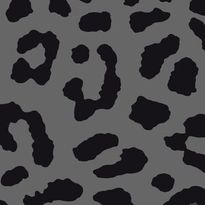 May include: A seamless pattern featuring black leopard spots on a gray background. The irregular shapes of the spots create a bold, animalistic design. This pattern is suitable for various applications, including fabric, wallpaper, and digital designs.