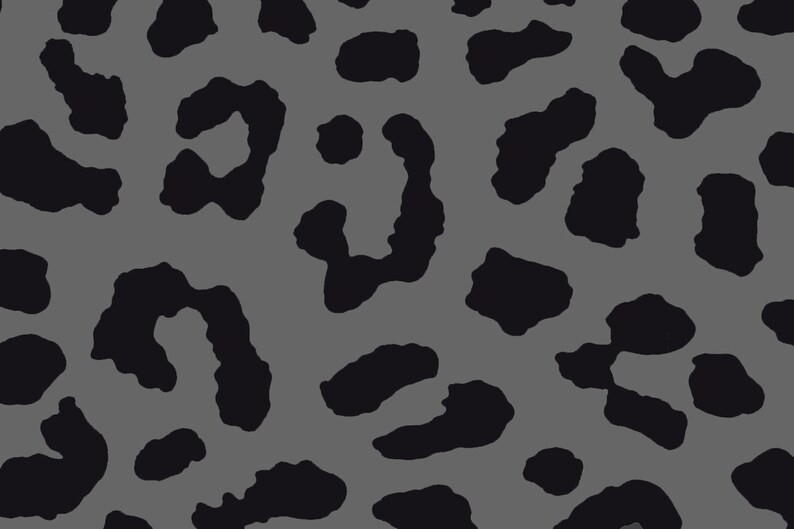 May include: A seamless pattern featuring black leopard spots on a gray background. The irregular shapes of the spots create a bold, animalistic design. This pattern is suitable for various applications, including fabric, wallpaper, and digital designs.
