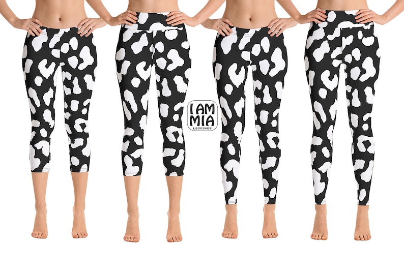 May include: Black leggings with a white spotted pattern. The leggings are shown in multiple views, including capri and full-length styles. The brand logo "I AM MIA" is visible. These leggings are suitable for various activities.
