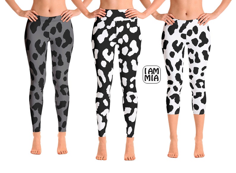 May include: Three pairs of leggings with animal print patterns. The leggings are in gray, black and white, and white and black. The leggings are full length and capri length. The brand name "I AM MIA" is in a white square.