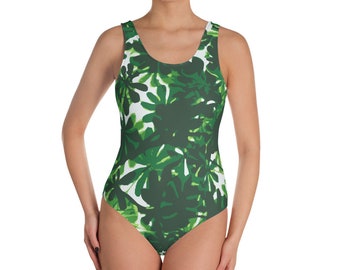 Green Tropical Leaf Print swimsuit, Jungle Print One Piece Swimming suit, Bathing suit, Many sizes