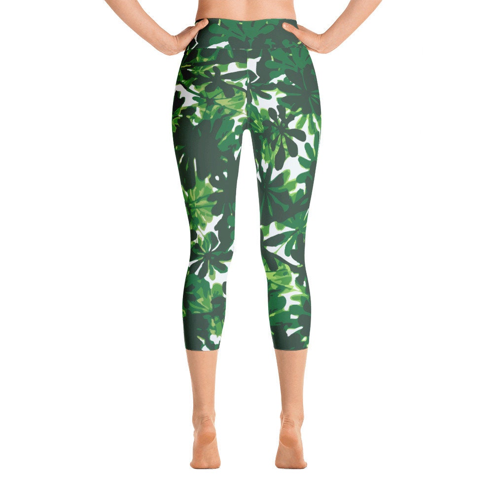 Green Tropical Leaf Print Yoga Leggings 