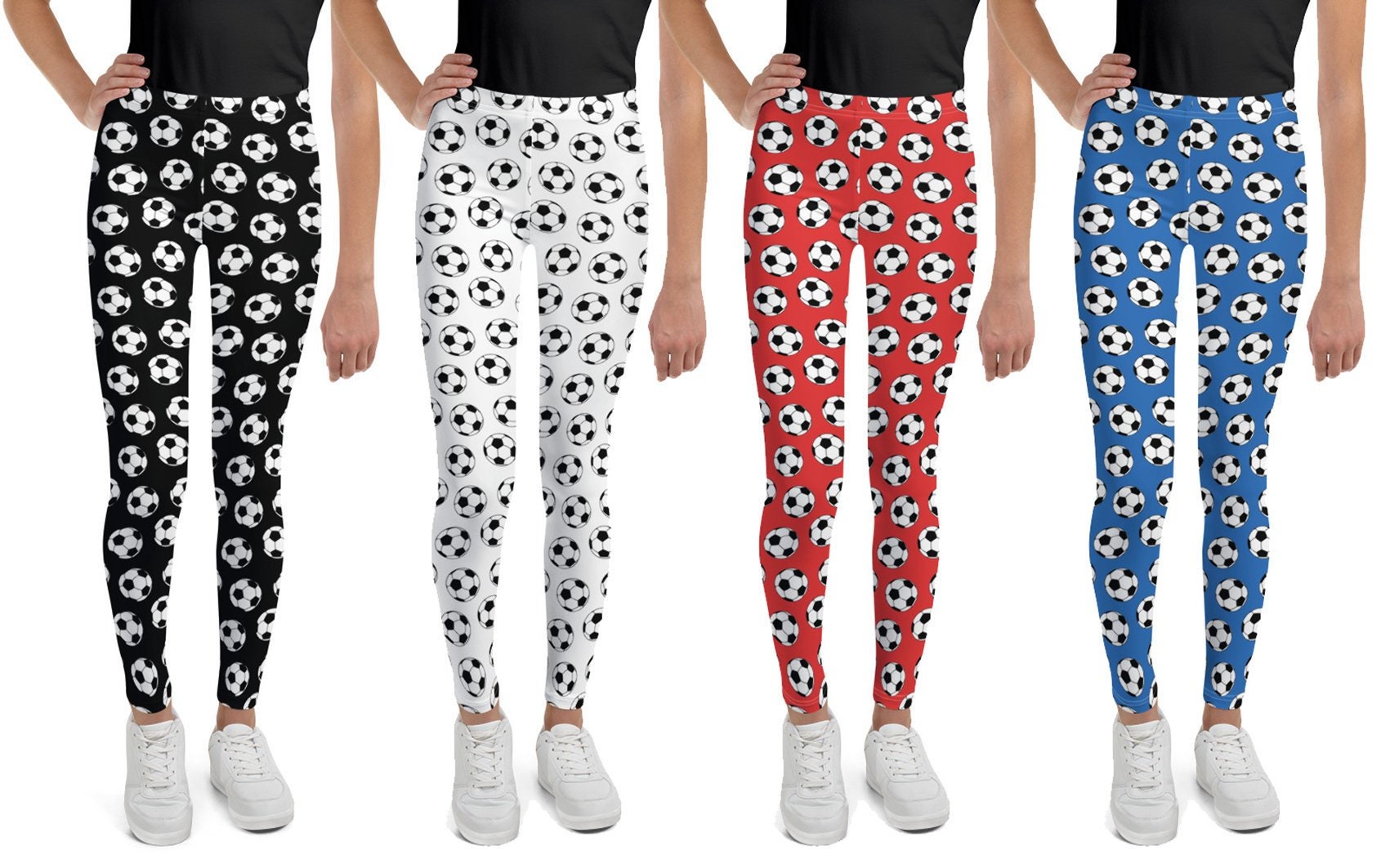 Football Print Leggings, Youth Leggings, Soccer Kids Leggings in Black